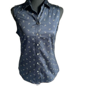 Banana Republic No Iron Navy Blue Tailored Shirt with white anchors. Size 6
